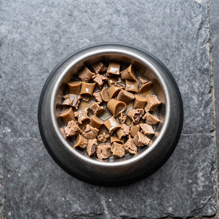 A steel bowl of wet dog food from a tin, seen from above